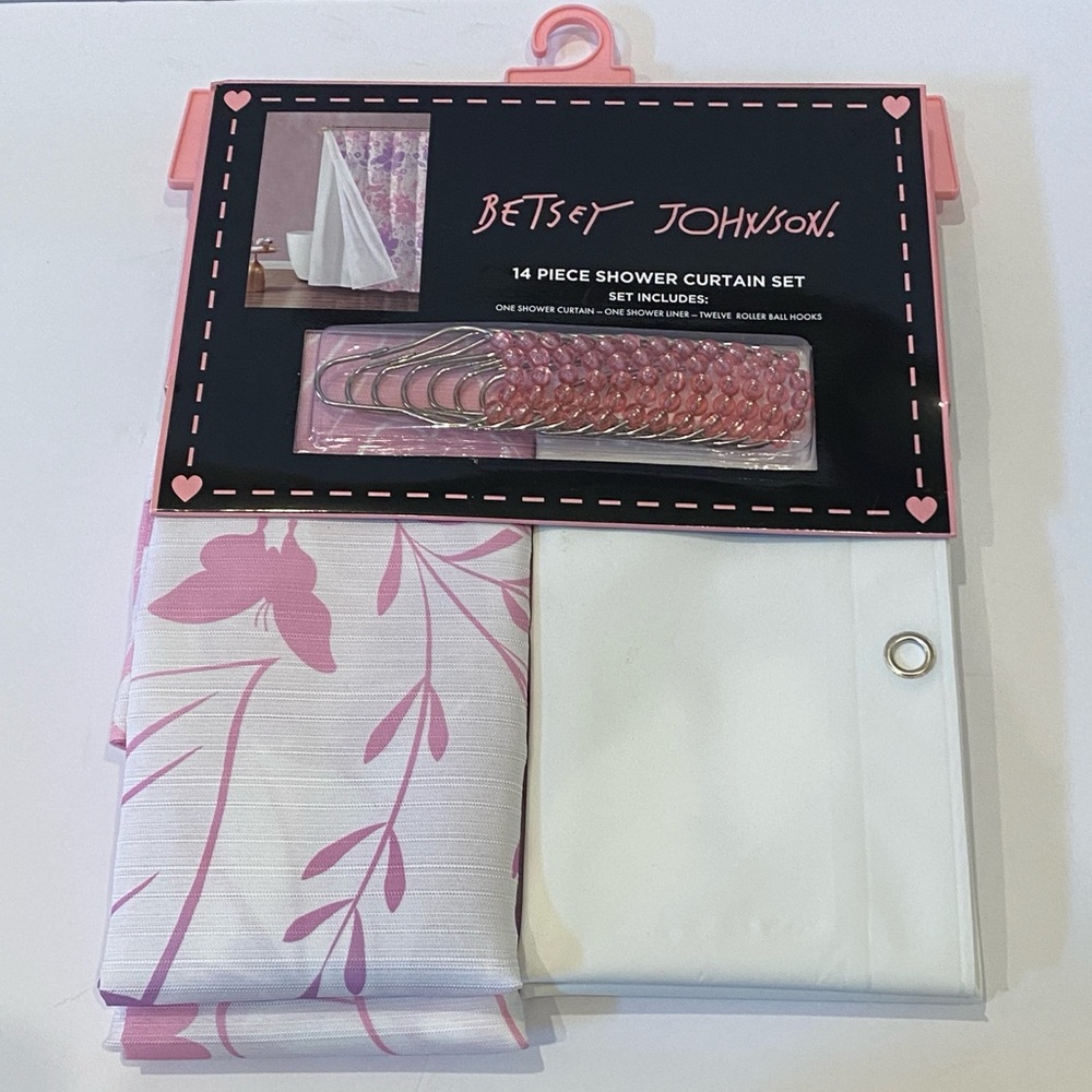 Betsey Johnson 14-Pc Shower Curtain Set Floral Butterflies Pink/Purple 72x72 NWT